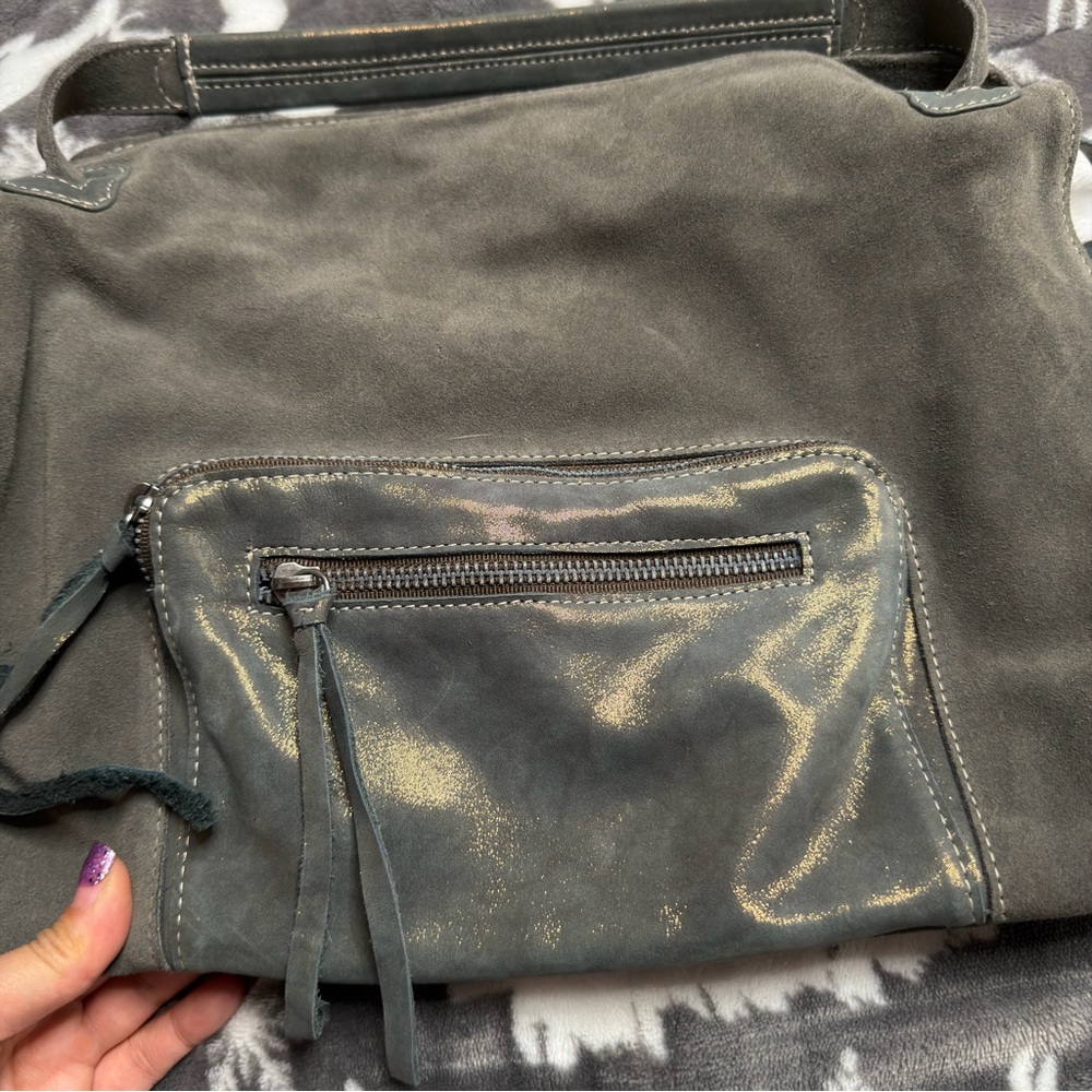 Carla Mancini Italian Suede Hobo Bag Taupe Gray Metallic Leather